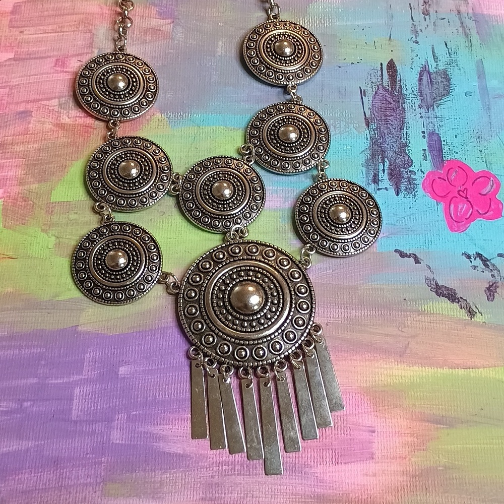Statement Silver medallion necklace with bottom metal fringe
